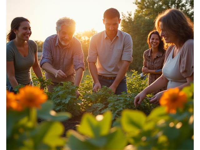 A diverse group of adults engaging in conversation at a community garden, symbolizing connection and growth.
