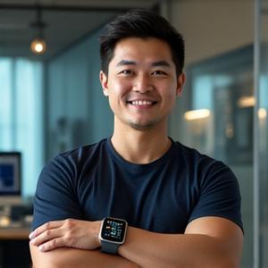 Portrait of James Liu, a male technology reviewer with a smartwatch.