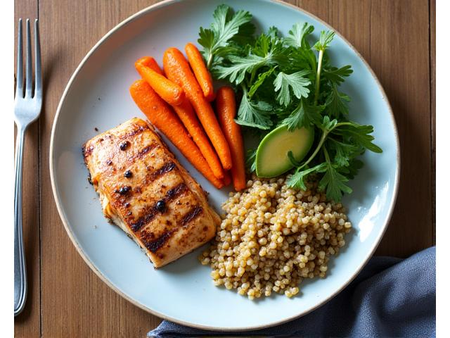 Beautifully plated, gut-friendly meal featuring fresh, colorful vegetables, lean protein, and healthy grains on a wooden table, emphasizing wholesome nutrition.