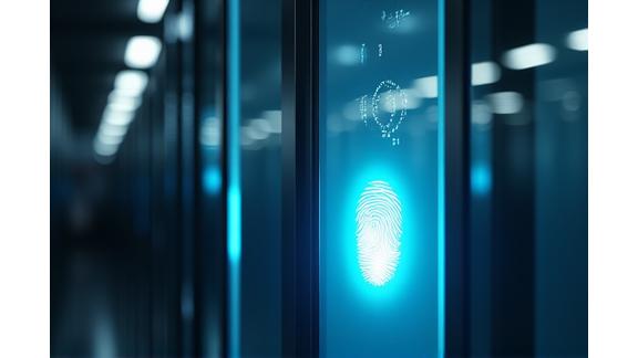Stylized biometric scanner next to a secure server rack