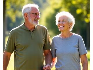 Elderly couple looking vibrant and active in a sunny park